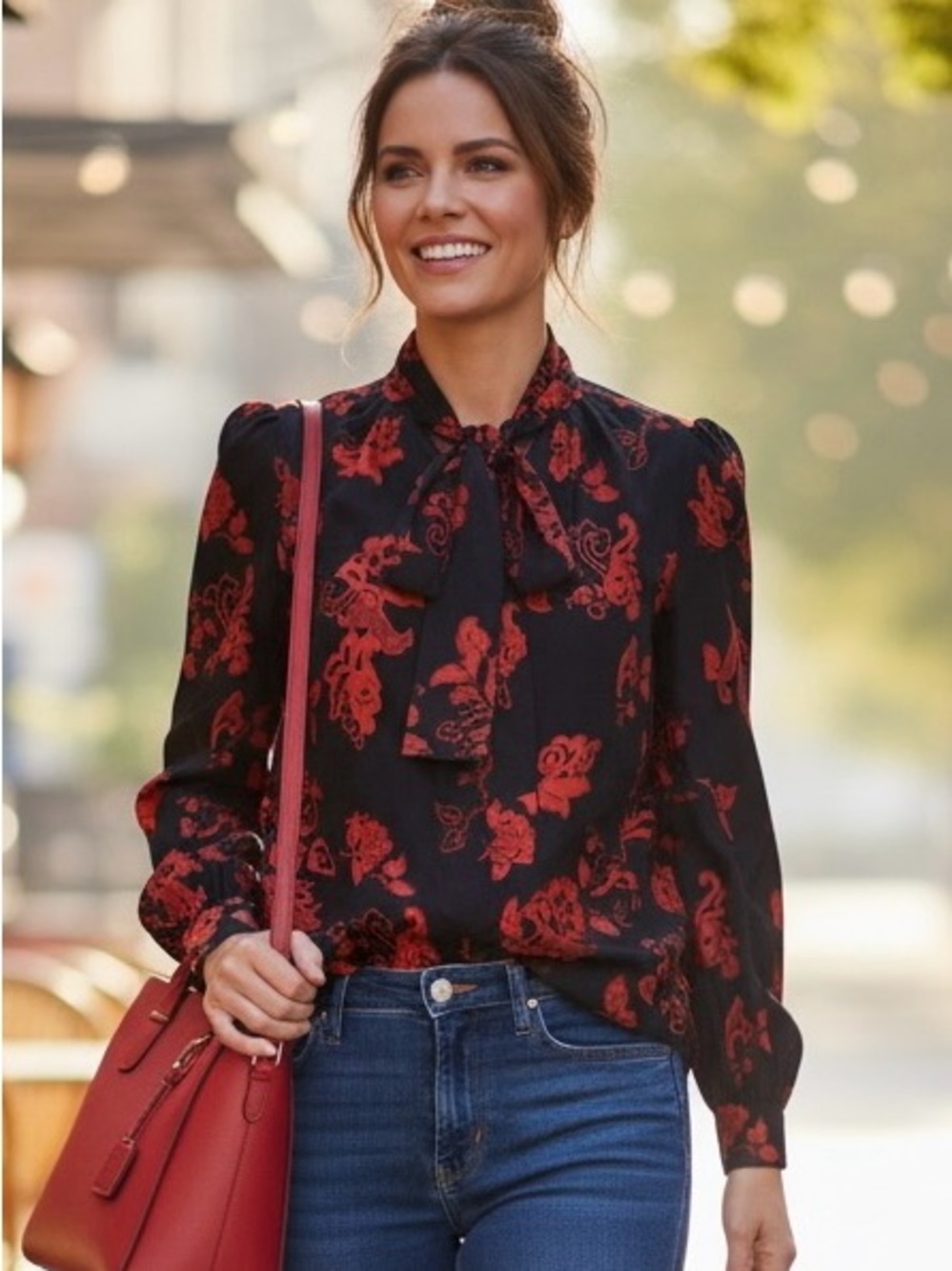 Tory Burch 100% Silk Tie Neck Blouse Black Red Floral Burnout | Sz 8